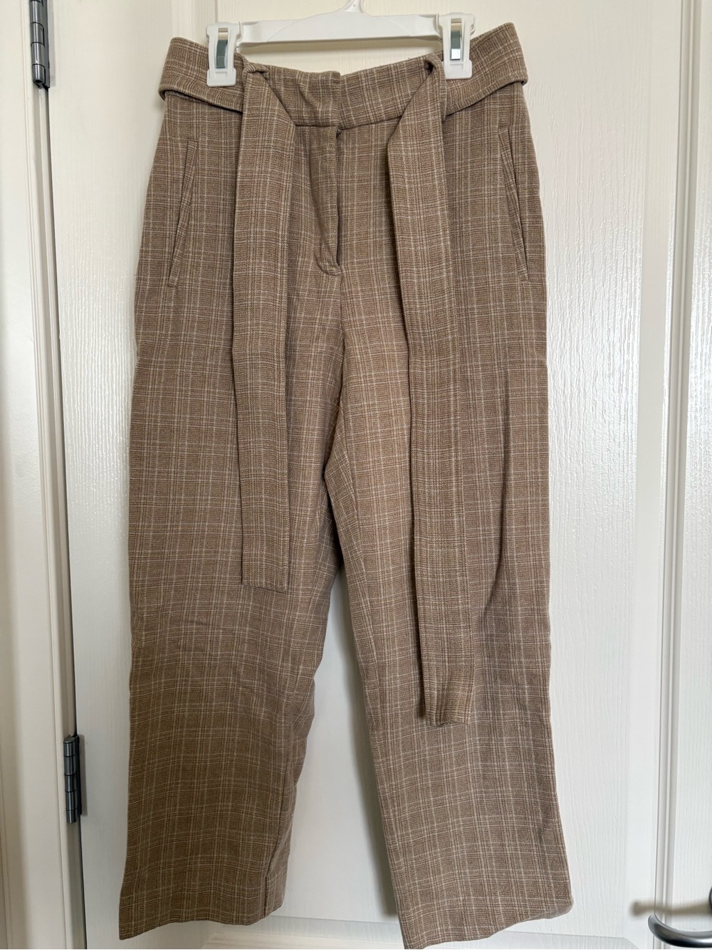 Aritzia Wool High-Waist Plaid Paperbag Trousers Tan